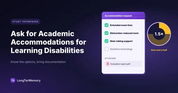 Cover: an accommodation request form with extended time, a quiet room and note-taking support, and a time-and-a-half clock