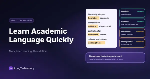 Cover: an academic text with unfamiliar terms marked and margin definitions, inferred or looked up