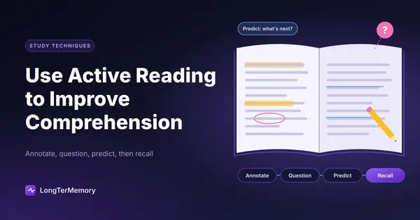 Cover: open book with highlights, a circled term, margin questions and the steps annotate, question, predict, recall