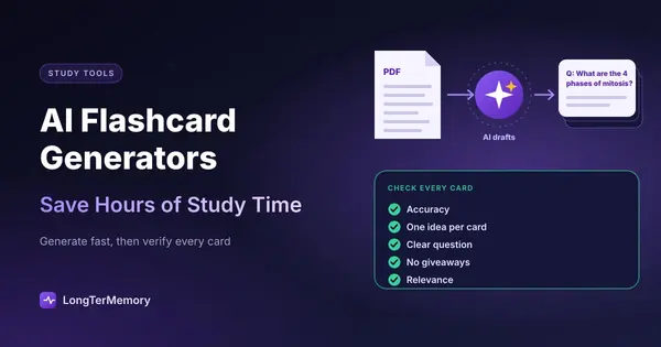 Cover: a PDF turned into question and answer cards by AI, with a five-point check for every card