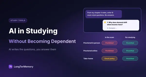 Cover: a prompt asking AI for exam questions from your notes, and when AI is permitted for studying but not in exams