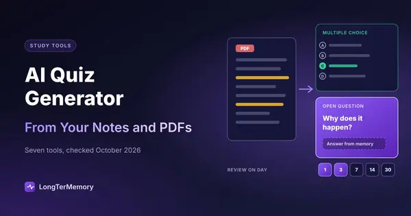 Cover: a PDF page turning into a stack of practice questions, multiple choice and open answer, with a review schedule