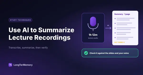 Cover: a 72-minute lecture recording turned by AI into a one-page summary, checked against the slides