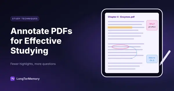Cover: a PDF on a tablet with one selective highlight, a margin question and a link to another chapter