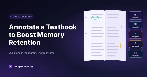 Cover: an open textbook with margin annotations, Q, C, exclamation and question marks, and a circled key term