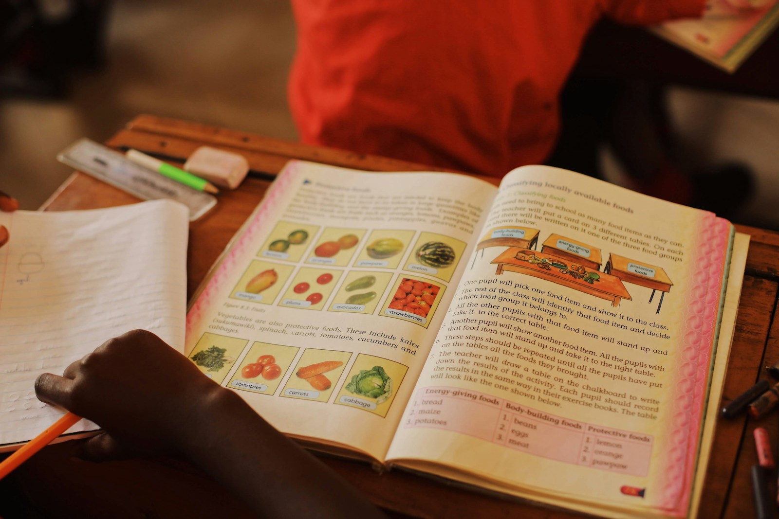 Open textbook with handwritten annotations and highlights