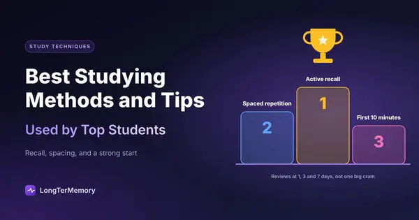 Cover: a podium with active recall first, spaced repetition second and a strong first 10 minutes third