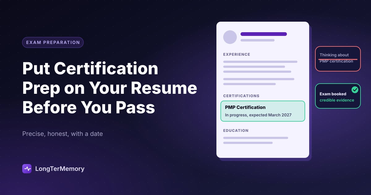 Professional updating resume on laptop with certification study materials nearby