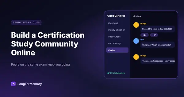 Cover: an online certification study server with channels and a member sharing a passed exam