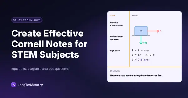 Cover: a Cornell notes page for physics with cue questions, a free-body diagram, equations and a summary