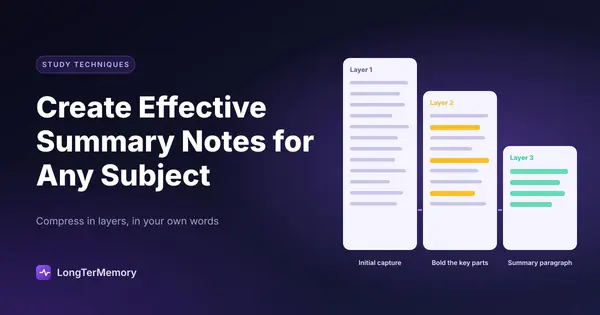 Cover: notes compressed in three layers, from full capture to bold key parts to a summary paragraph