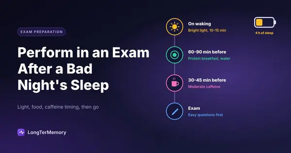 Cover: an exam morning plan after poor sleep: bright light, protein breakfast, timed caffeine, easy questions first