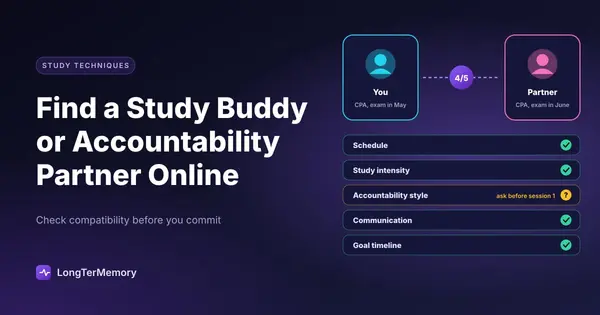 Cover: two study partner profiles matched on schedule, intensity, accountability style, communication and goal timeline