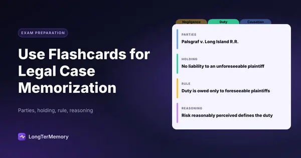Cover: a legal case flashcard with parties, holding, rule and reasoning, filed behind doctrine tabs
