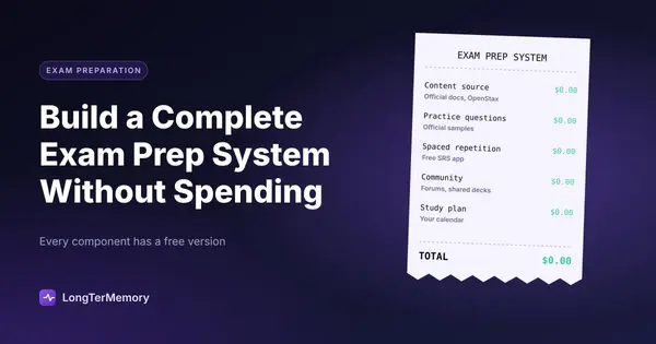 Cover: a receipt listing content, practice questions, spaced repetition and community, all at zero cost