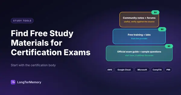 Cover: free certification study materials layered from the official exam guide up to community notes, all at no cost