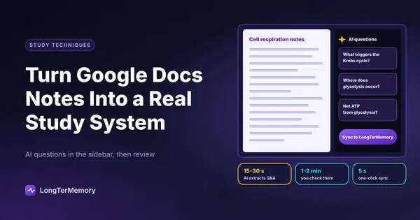 Cover: study notes in a document with an AI sidebar generating questions and a sync to LongTerMemory button