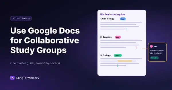 Cover: a shared study guide document with sections owned by group members and a peer comment