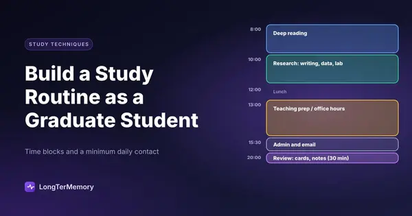 Cover: a graduate student's day in time blocks, from deep reading and research to teaching prep and an evening review