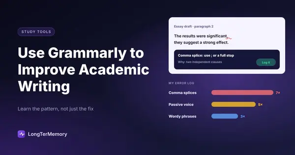 Cover: a flagged comma splice with the reason behind the fix, and an error log of recurring writing issues