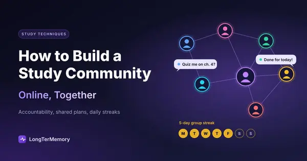 Cover: online study community of connected members with chat messages and a 5-day group streak
