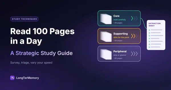 Cover: 100 pages triaged into core, supporting and peripheral content read at different speeds, feeding an extraction sheet