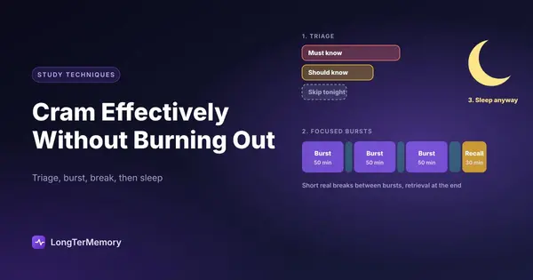 Cover: a cramming evening with triage, focused bursts and breaks, a final recall block and sleep