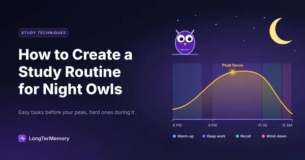 Cover: evening energy curve from 6 PM to midnight peaking during deep work, with an owl and a crescent moon