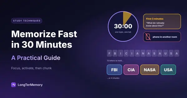 Cover: a 30-minute timer, the first three minutes activating prior knowledge, and thirteen letters chunked into four