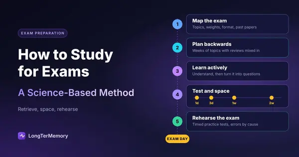 Cover: a five-step exam study method, from mapping the syllabus to exam day, with practice tests and spaced reviews in between