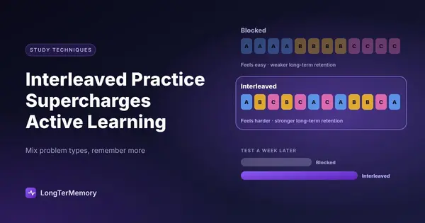 Cover: blocked practice AAAA BBBB CCCC versus interleaved practice, with better retention a week later