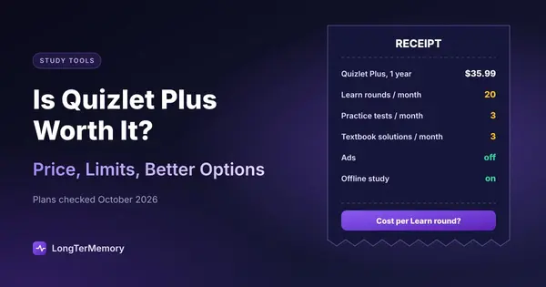 Cover: a receipt for Quizlet Plus at $35.99 a year with its monthly caps of 20 Learn rounds and 3 practice tests, next to a scale weighing cost against what you get