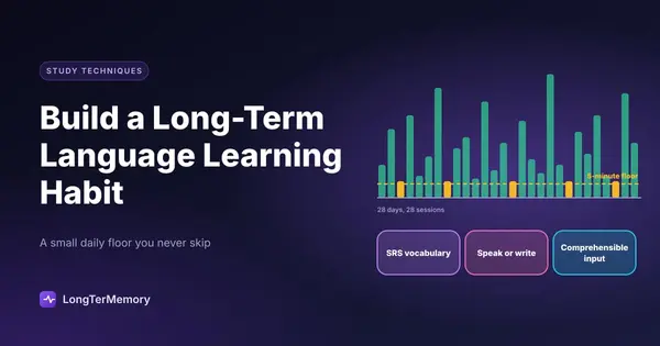 Cover: 28 days of language practice where every day clears a 5-minute floor, and three daily practices