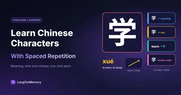 Cover: the Chinese character xue (to learn) in a practice grid with its tone and four flashcard types
