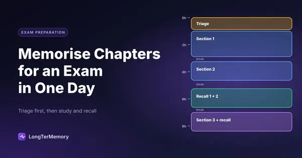 Cover: a one-day study sprint timeline with triage, three deep study sections, breaks and active recall