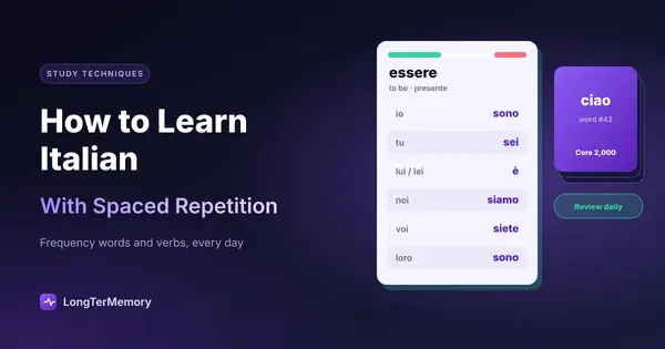 Cover: a flashcard conjugating essere in the present tense next to a core vocabulary deck