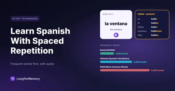Cover: a Spanish vocabulary card with audio, a conjugation card for hablar, and frequency decks by word count