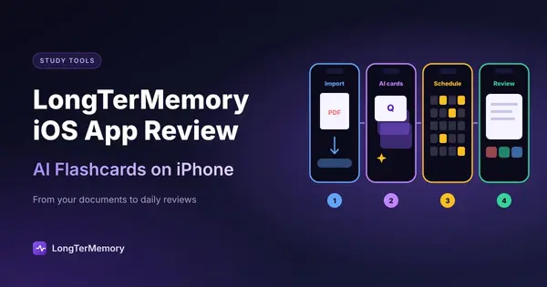Cover: four iPhone screens: import a PDF, AI-generated cards, a review schedule and a review session