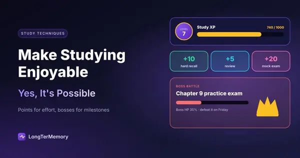 Cover: a study game with level and XP bar, points for effort and a boss battle practice exam