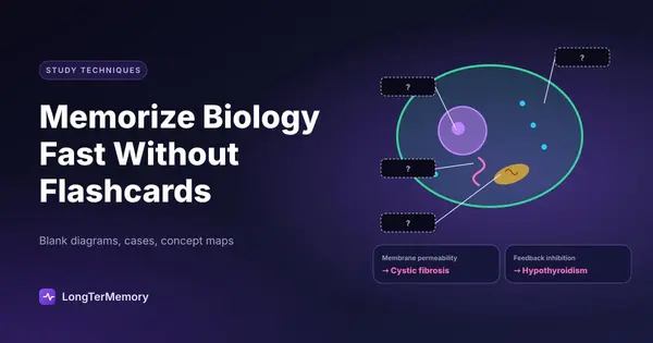 Cover: a cell diagram with blank labels to fill in from memory, and concepts anchored to diseases like cystic fibrosis