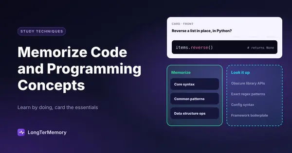 Cover: a code flashcard for reversing a list, with what to memorize versus what to look up