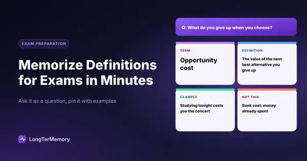 Cover: a definition card for opportunity cost with term, definition, example and a non-example