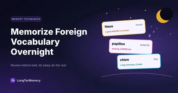 Cover: foreign word cards with keyword hooks reviewed before sleep under a night sky