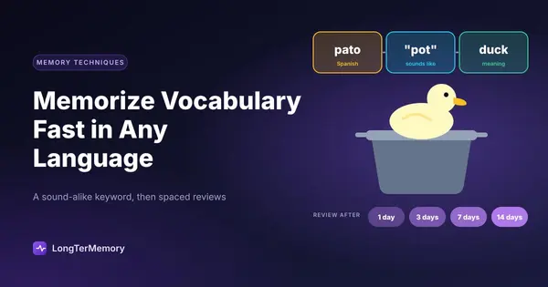 Cover: the Spanish word pato linked to the keyword pot, pictured as a duck in a pot, with reviews at 1, 3, 7 and 14 days
