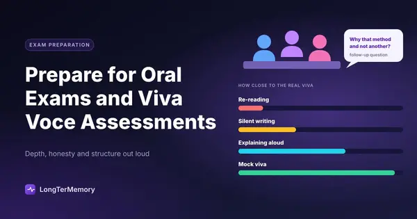 Cover: an examiner panel asking a follow-up question, and practice methods ranked by how close they are to a real viva