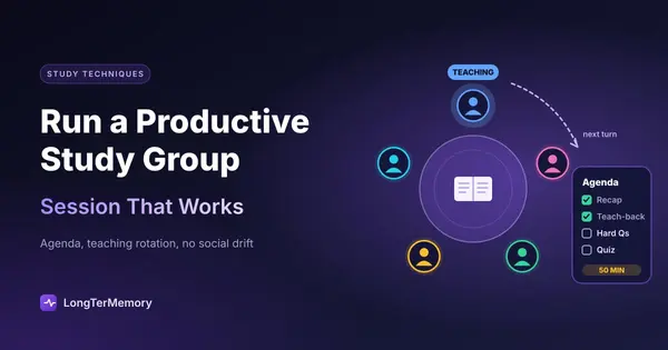 Cover: study group around a table with a rotating teaching turn and a 50 minute agenda