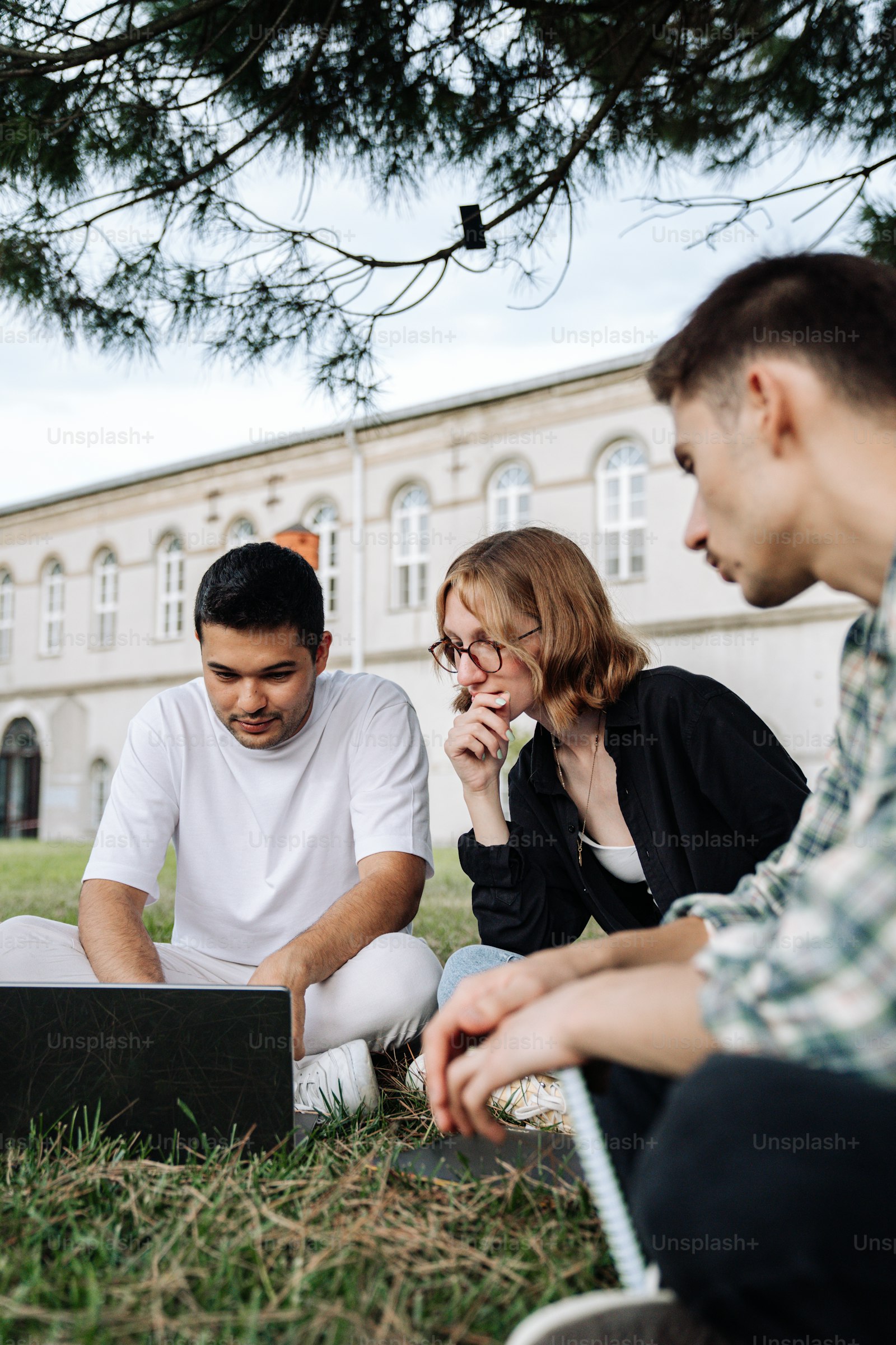 Graduate students studying together on a campus lawn with a laptop