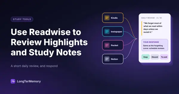 Cover: highlights from reading sources flowing into a daily review card where you write a response to each highlight