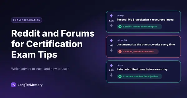 Cover: certification forum threads with votes, marked as green flags or red flags