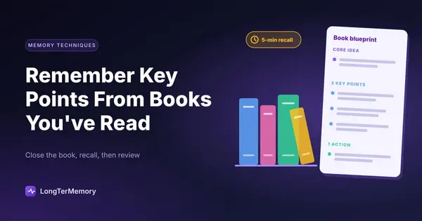 Cover: a shelf of books next to a one-page book blueprint with core idea, three key points and one action